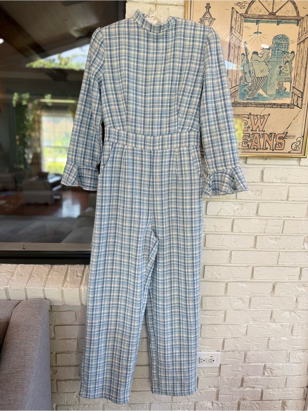 NWT Shein X Blue Plaid Tweed Mock Neck Jumpsuit Flare Sleeve S